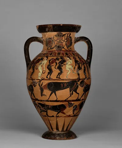 Neck amphora with (A) nude men and women, and (B) man and woman between sphinxes