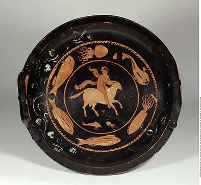 Schüssel (Apulisch-rotfigurige Schale mit Fischmotiven und Phrixos, der auf einem Widder über das Meer reitet)