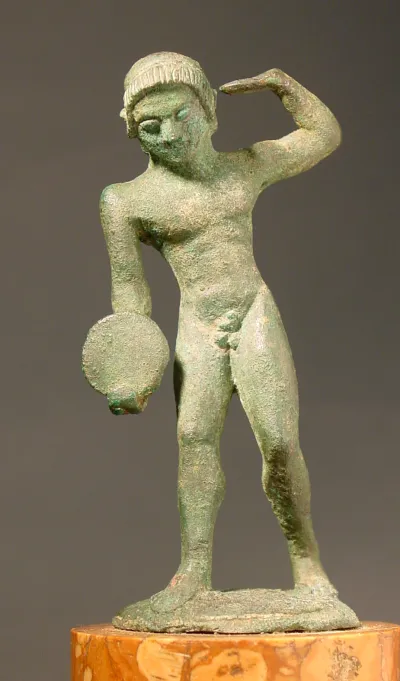 Diskoswerfer (Bronzeaufsatz e. Urnendeckels, Statuette eines Diskuswerfers)