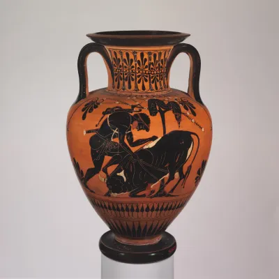 Terracotta neck-amphora (jar) with Herakles and a bull