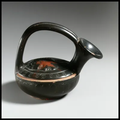 Terracotta askos (flask with a spout and handle over the top)