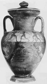 AMPHORA, NECK AND LID (ETRUSCAN, BLACK-FIGURE)