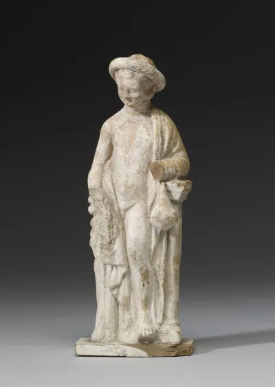 Draped Boy Leaning on Pillar