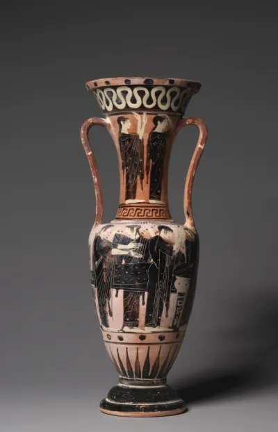 Black-Figure Loutrophoros-Amphora (Ritual Water Vessel): Prothesis (Laying out of Corpse), Mourners