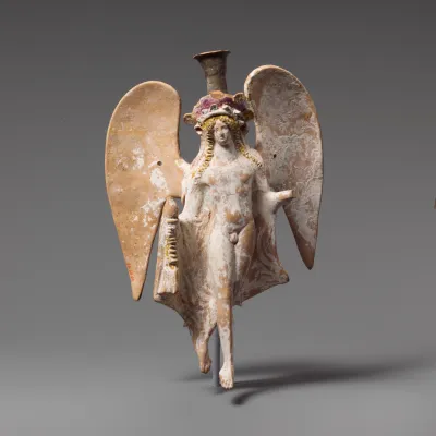 Terracotta lekythos in the form of a flying Eros