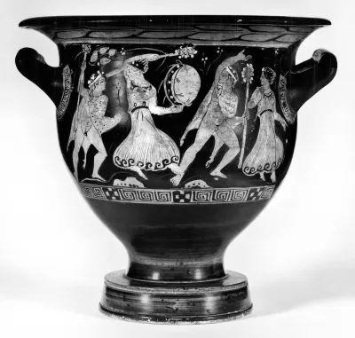 Bell Krater with Satyrs and Maenads and Three Draped Men
