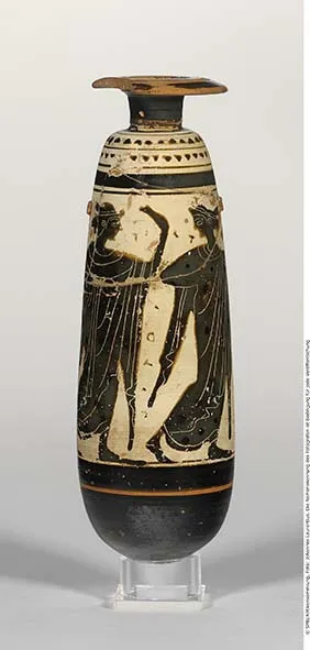 Attisch schwarzfiguriges Alabastron mit weißem Überzug