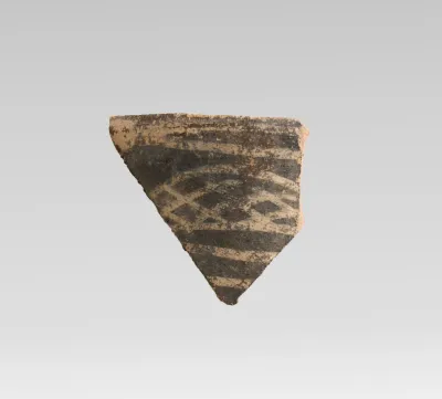 Terracotta rim fragment with cross-hatching and bands