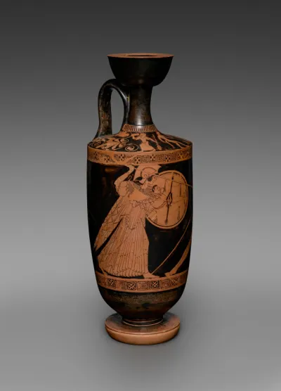 Red-Figure Lekythos (Oil Vessel): Athena Slaying Giant (body); Satyr between Maenads (shoulder)