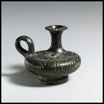 Terracotta guttus (flask with handle and vertical spout) with a depiction of a dog