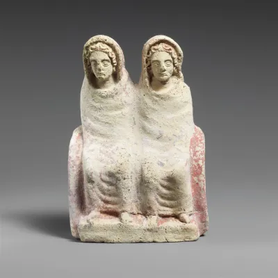 Terracotta votive statuette of two draped females