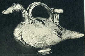FIGURE VASE, ASKOS (ETRUSCAN, RED-FIGURE)