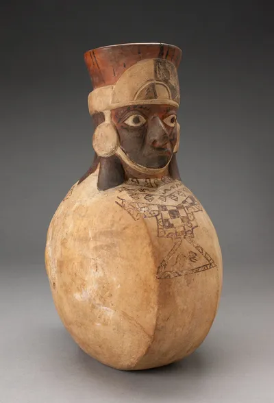 Anthropomorphic Flat-sided Flask with Molded Head and Painted Textile Tunic