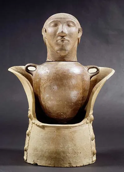 Urne (stamnoide Olla) (Thronsessel menschenköpfiger Vase darauf, Thronsessel und Urne mit Kopfaufsatz (Kanopus))