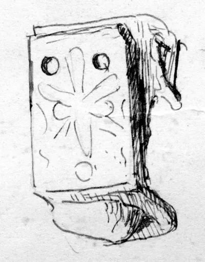 Henkelfragment (?); hinten mit starken Nieten (auf einem) Stück Blech befestigt