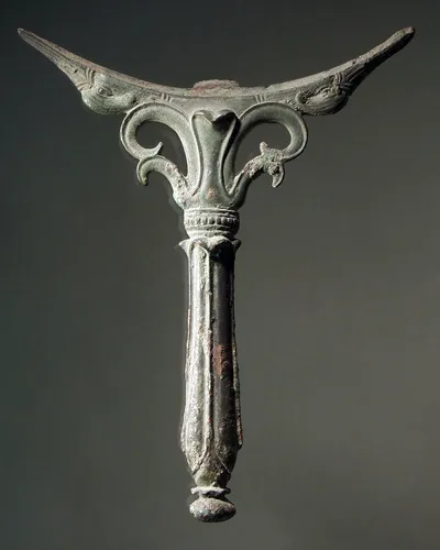 Griff einer sog. Trau-Kasserolle. "Spiegelstütze; lange schmale, nach oben leicht herausgebogene Blätter am Griff, darüber volutenartige Blattstilisierung, am Griffansatz zwei Vogelköpfe"