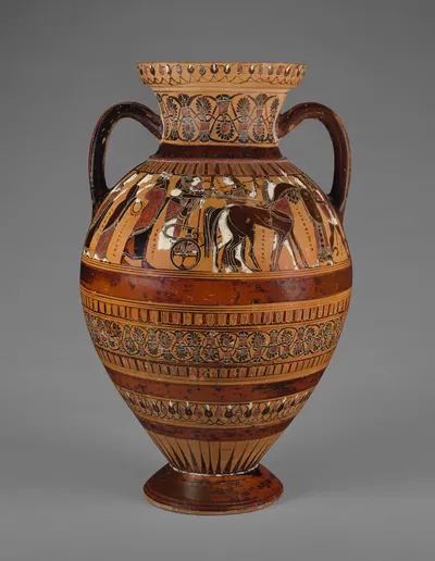 Attic Black-figure "Tyrrhenian" Amphora with (A) a Wedding Procession and (B) a Combat Scene
