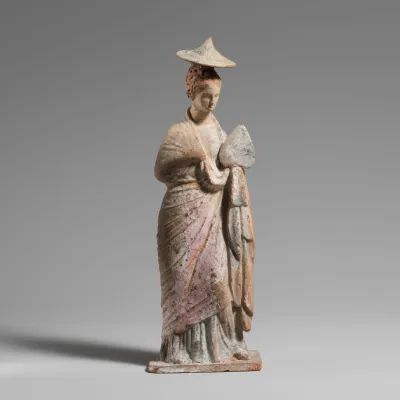 Terracotta statuette of a draped, standing woman