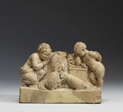 Three People Watching a Cock Fight