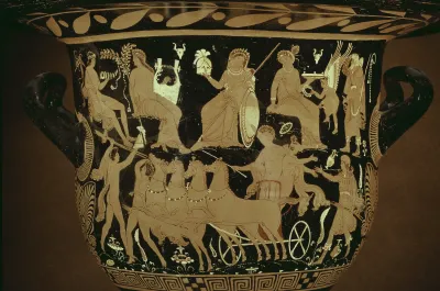 Glockenkrater, apulisch (Apulischer, rotfiguriger Glockenkrater - Raub des Chrysippos (A), Dionysos und Mänaden (B))