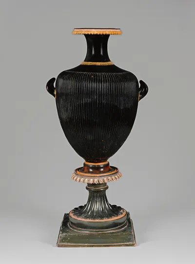 Apulian Black-Gloss Hydria with Gilding and Stand