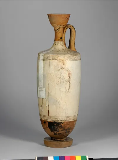 Attische Lekythos: Grabszene (alter Mann und verstorbener Sohn als Krieger)