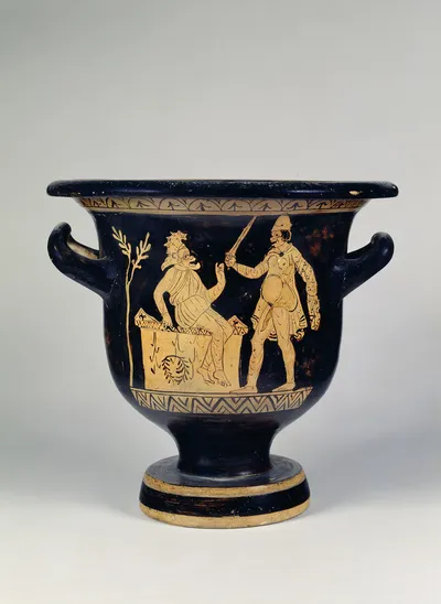 Frühitalischer Glockenkrater: Phlyakenposse (Priamos und Neoptolemos)