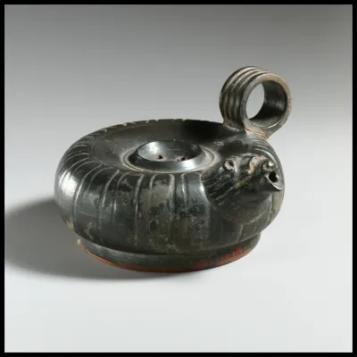 Terracotta guttus (flask with handle and spout)