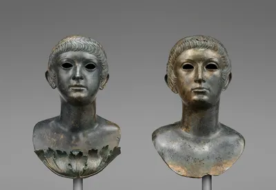 Pair of Portrait Busts of Youths and an Unrelated Pair of Marble Eyes