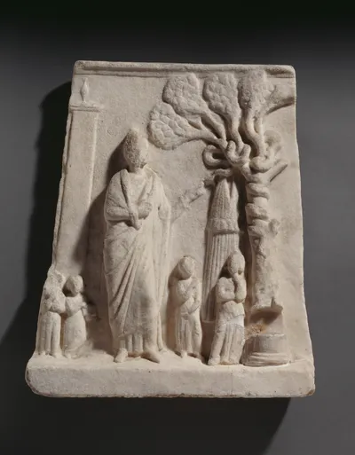 Grave Stele of a Woman with Four Girls in a Sanctuary