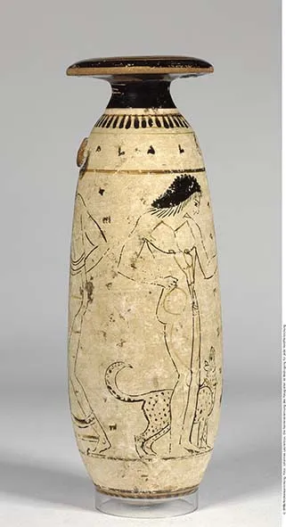 Attisch weißgrundiges Alabastron mit Umrisszeichnung