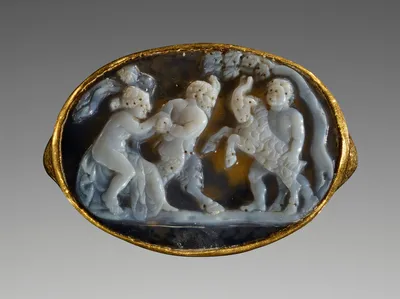 Cameo with Pan, a Maenad, a Satyr and a Goat inset Into a Ring