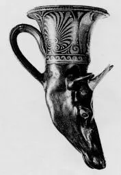 FIGURE VASE, RHYTON (SOUTH ITALIAN, APULIAN, RED-FIGURE)