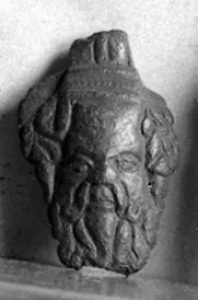 Attasche mit Silensmaske und Ansatz des Henkels