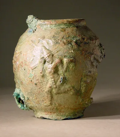 Reliefgefäβ mit Darstellung von Tänzern; Henkel weggebrochen, ebenso wie ein großer Teil der Wandung