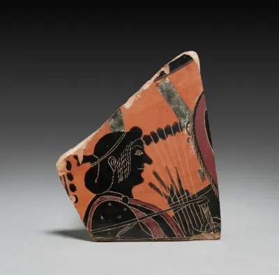 Fragment from Black-Figure Neck-Amphora of Panathenaic Shape (Storage Vessel): Apollo with Lyre