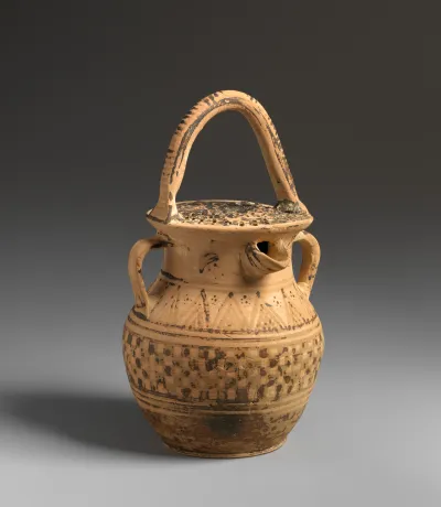 Terracotta vase with strainer, spout, and three handles