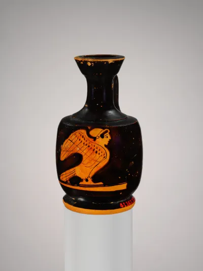 Miniature terracotta squat lekythos (oil flask) with siren