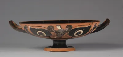 Black-Figure Eye Cup: Iris and Satyrs (A, B); Gorgoneion (I)