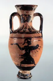 AMPHORA, MINIATURE PANATHENAIC (ATHENIAN, BLACK-FIGURE)