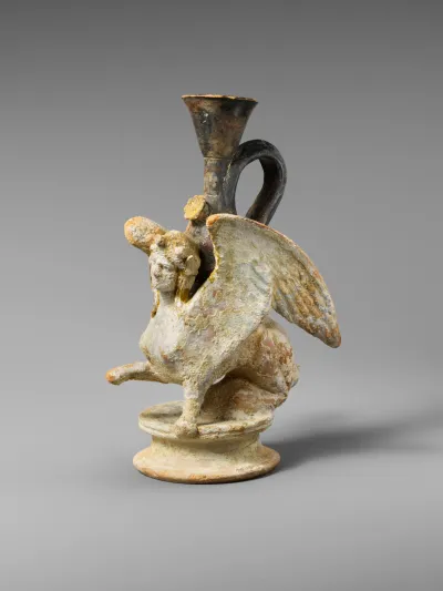 Terracotta lekythos (oil flask) in the form of a sphinx