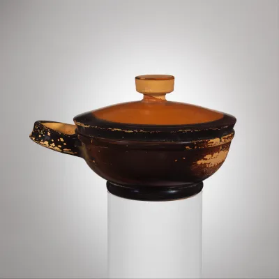 Terracotta covered bowl with one handle