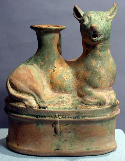 Terracotta askos in the shape of a reclining dog
