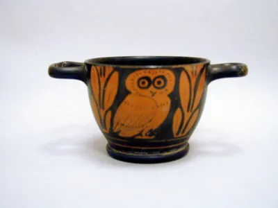 Terracotta owl skyphos