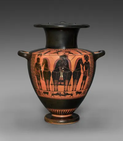 Black-Figure Hydria (Water Vessel): Frontal Quadriga (Body); Theseus and Minotaur (Shoulder)