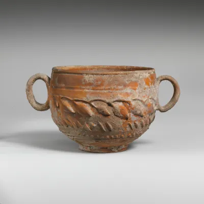 Terracotta scyphus (drinking cup) with barbotine decoration