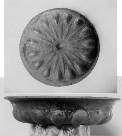 Omphalosschale, um den Omphalos sternförmig angeordnete Strahlen, zwischen ihnen Buckeln