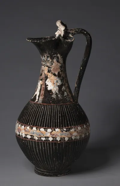 Gnathian Ribbed Oinochoe (Wine Jug): Masks, Dancer, and Flute-Player
